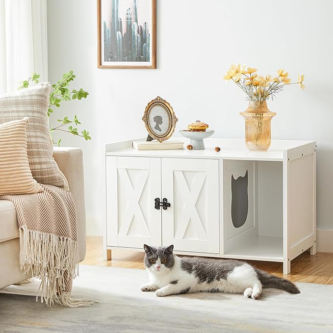 Cat Litter Box Enclosure, Hidden Litter Box Furniture with Divider, Indoor Cat House, Wooden Cat Washroom Storage Cabinet Bench, for Living Room, Bedroom, White CWWT2501