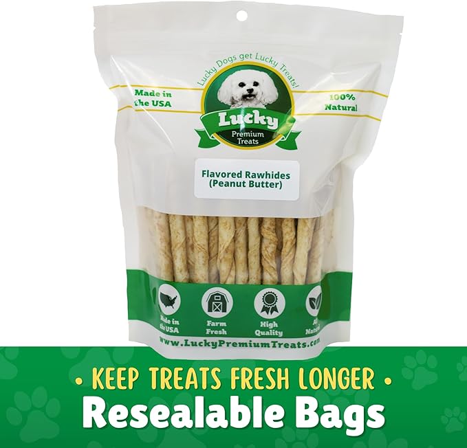 Peanut Butter Rawhide Twist Sticks Dog Treats – 125ct. Premium Rawhide Chew Sticks – Long Lasting Peanut Butter Flavored Chews for Small Dogs Made in USA with Natural Beef Hide