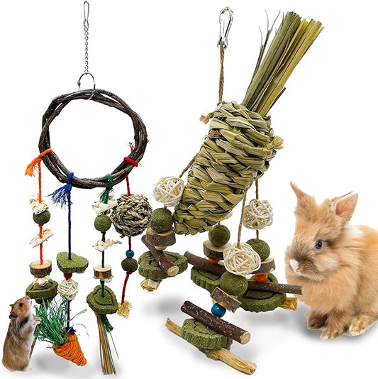Rabbit Chew Toy, 2Pcs Bunny Cage Hanging Chew Toy & Treats,Natural Material Handwoven Chinchilla Rattan Ring Treats Toys for Guinea Pigs Hamsters Rats and Other Small Pets Teeth Grinding