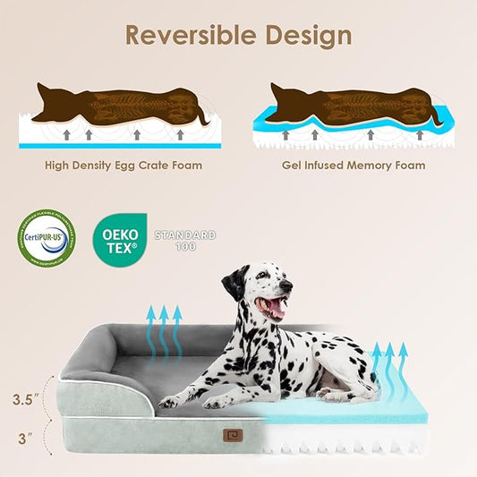 EHEYCIGA Orthopedic Dog Beds for Large Dogs, Waterproof Memory Foam Large Pet Bed with Sides, Non-Slip Bottom and Egg-Crate Foam Dog Couch Bed with Washable Removable Cover, Greyish Green