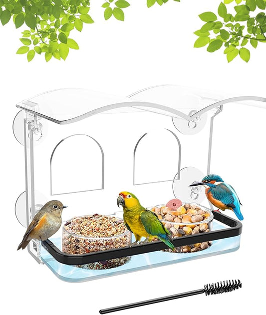 Window Bird Feeder with Strong Suction Cups, Clear Acrylic Design for Close-Up Bird Watching, Durable, Weatherproof, Easy to Install, Large Seed Tray, Drain Holes to Keep Food Dry, For Outdoor
