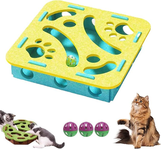 Cat Scratch Puzzle Enrichment Box,Cat Nail File Enrichment Box,Cats Nail File Scratcher, with Bell,Unique Cats Felt Maze Toy for Stimulate Kittern Energy and Instincts (Yellow-Square)