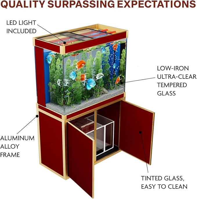 100 Gallon Aquarium Fish Tank with Upright Fishtank Stand Water Pump Freshwater Filter LED Bundle and Straight Corners Clear Glass - Red with Gold Trims