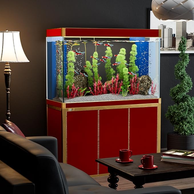 175 Gallon Aquarium Fish Tank with Upright Fishtank Stand Water Pump Freshwater Filter LED Bundle and Straight Corners Clear Glass - Red with Gold Trims