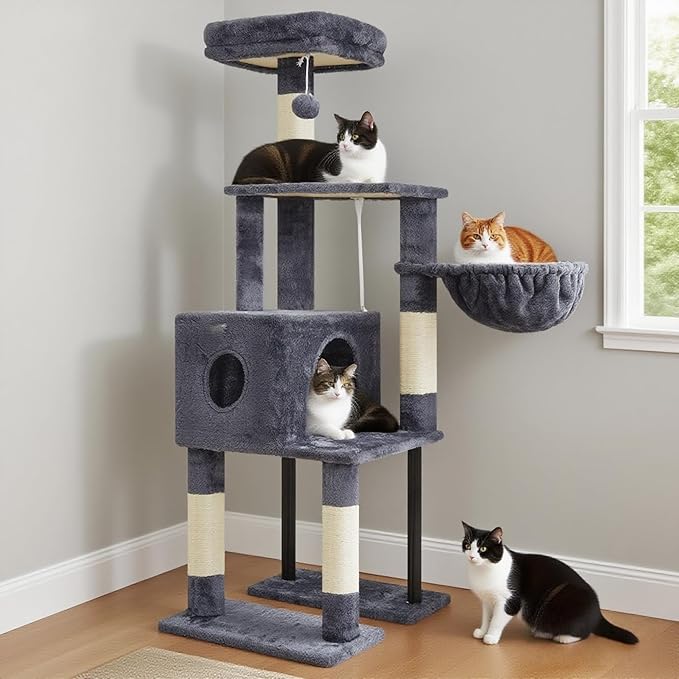 Heybly Cat Tree, 49.2 Inches Cat Tower for Indoor Cats, Spacious Cat House Condo with Hidden Space，Sturdy Steel Tube，Soft Plush Top Perch，Cozy Hammock and Sisal Scratching Posts, Smoky Gray HCT200SG