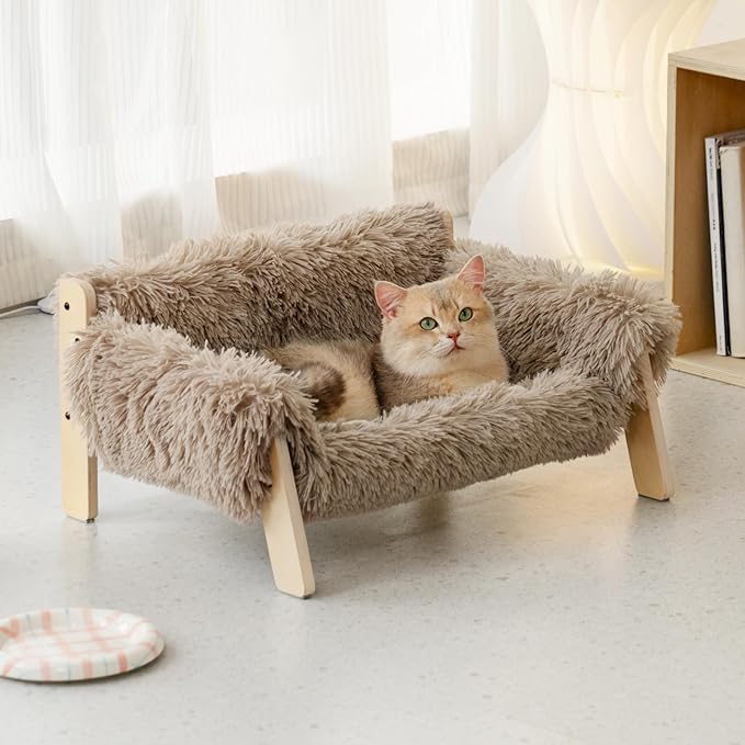 MEWOOFUN Cat Couch Bed, Pet Sofa for Indoor Cats Wooden Indoor Elevated Cat Beds with Removable Mattress Cover Suitable for Kitty, Puppy or Small Animal (Brown, Medium)
