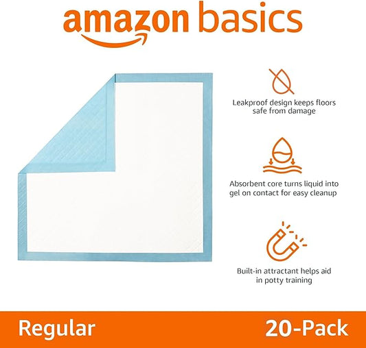 Amazon Basics Heavy Duty, Absorbent Dog and Puppy Pee Pads with 5-Layer Leak-Proof Design and Quick-Dry Surface for Potty Training, Regular, 20 Count, Blue & White