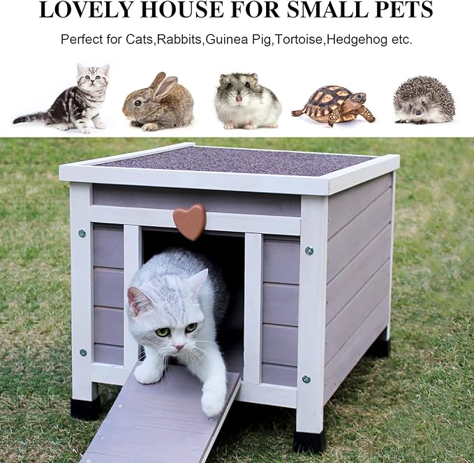Deblue Weatherproof Cat House for Outdoor Cats, Wooden Small Pet House Outside, Feral Cat Shelter with Elevated Floor and Lockable Door - Grey