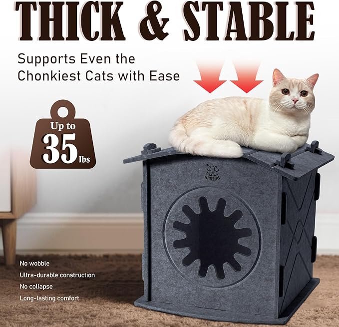 Apasiri Cat Houses for Indoor Cats Felt Cat House Cave Cathouse, 15x14x15Inch Scratch-Resistant Bed Warm Insulated Covered, Hideaway Tent for Anxiety Relief Gift, Grey