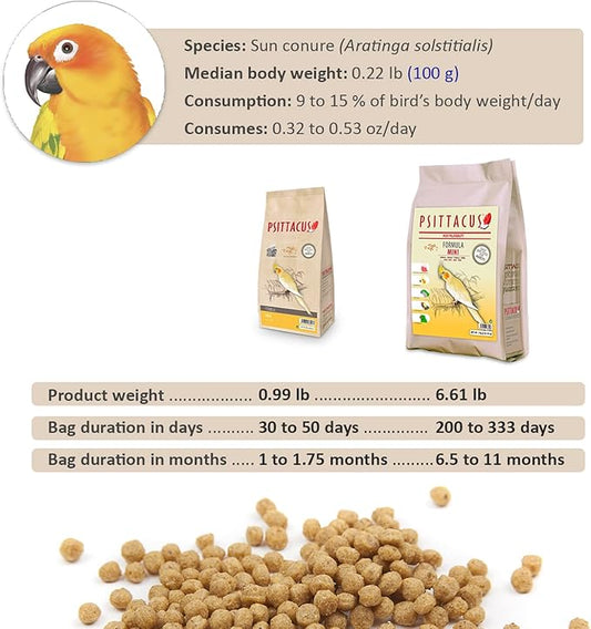 Psittacus Mini 6.6 lb | Complete Pellet Diet for Cockatiels, Conures and Cockatoos | Premium Food for Birds, 100% no-GMO
