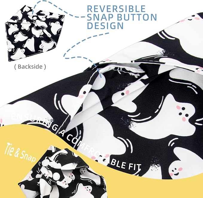 Dog Halloween Costumes Bandanas Black Ghost Spooky Holiday Bandana with Snap Button, Triangle Cat Neck Scarf, 5-30lbs, Small and Medium Breed