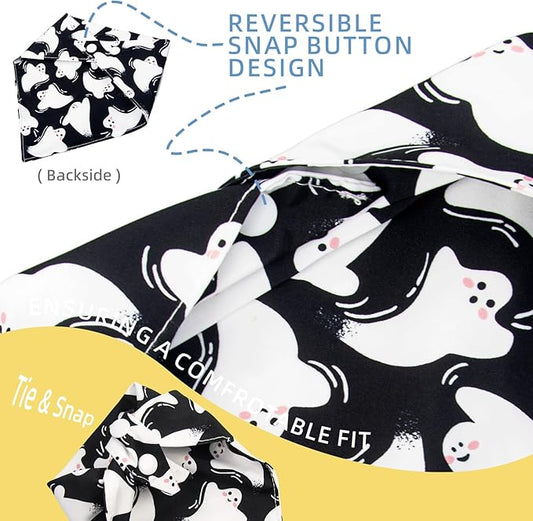 Dog Halloween Costumes Bandanas Black Ghost Spooky Holiday Bandana with Snap Button, Triangle Cat Neck Scarf, 5-30lbs, Small and Medium Breed