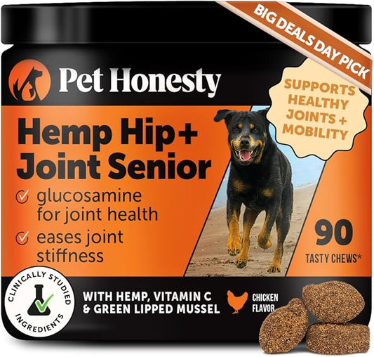 Senior Hemp Hip & Joint Supplement for Dogs - Dog Joint Supplement with Hemp Oil & Powder, Glucosamine, Collagen, MSM & Green Lipped Mussel - Mobility for Senior Dogs (Chicken 90)