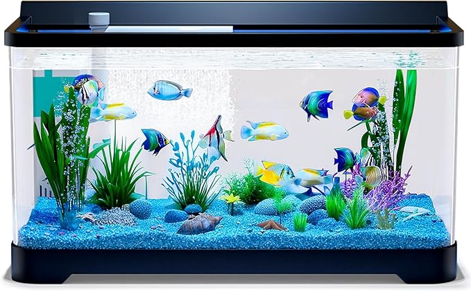 LED Aquarium Fish Tank Kit,（Light + Filter + Green Plants + Blue Sand + Pineapple Houses + Shells） Black, 14 Gallon