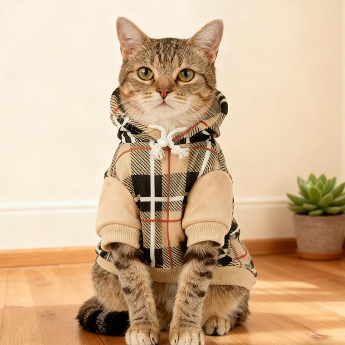 EXPAWLORER Plaid Cat Hoodie - British Style Warm Cat Sweater Shirt with Leash Hole,Pet Clothes Outfits,Winter Coat Apparel for Puppy Cats Girl Boy-Kitten Apparel,Beige L