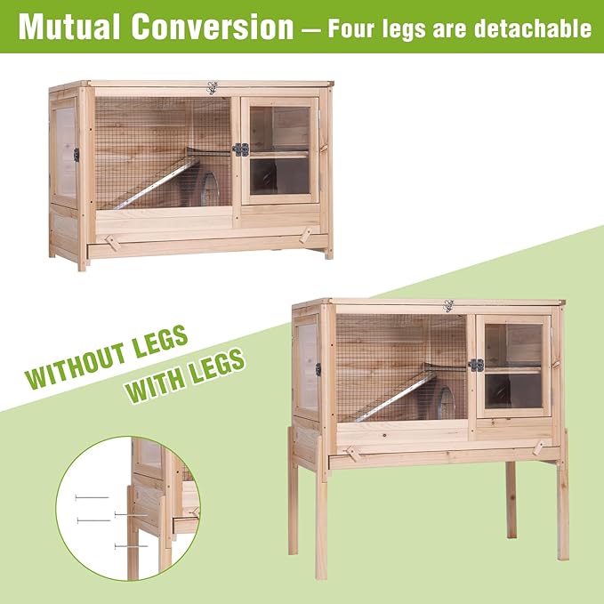 GUTINNEEN Wooden Rabbit Hutch Bunny Cage Guinea Pig Cage with Legs for Indoor & Outdoor, 2-Story Small Animal Cage with Leakproof Pull-Out Tray for Bunnys, Guinea Pigs, Hamsters (Natural Wood)