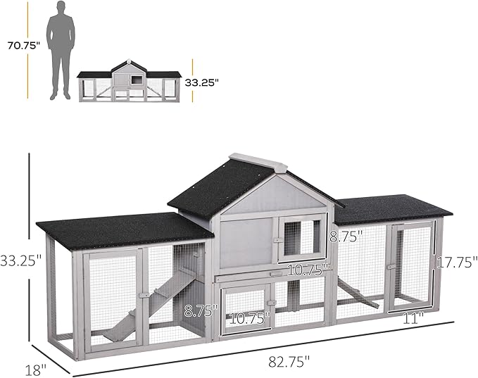 PawHut 83" L Outdoor Rabbit Hutch with Double Runs, Large Guinea Pig Cage Indoor, Wooden Bunny Hutch with Weatherproof Roof, Removable Tray, Ramps, Gray