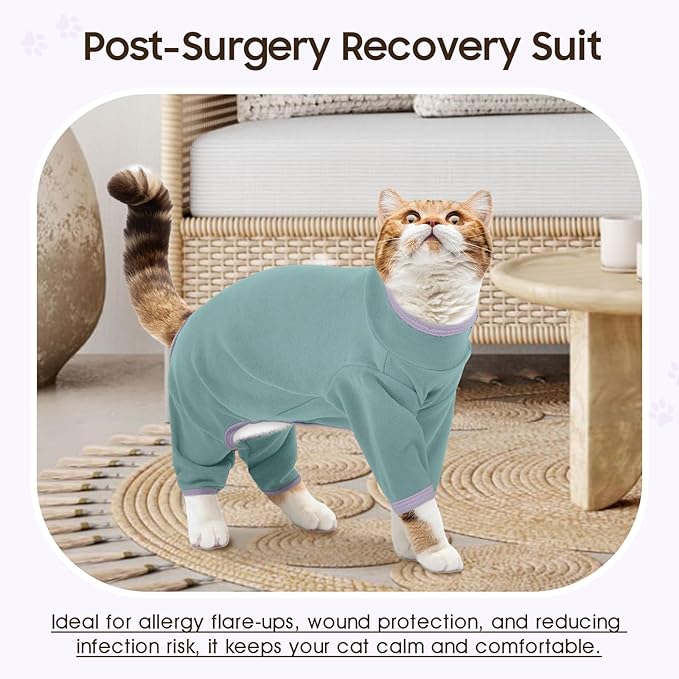 DENTRUN Cat Clothes for Hair Control with Hair Sticky Fabric - Soft Recovery Suit & Breathable Lint-Resistant Cat Sweater for Cats Only, Kitten Onesie Pajamas, XL, Bean Green