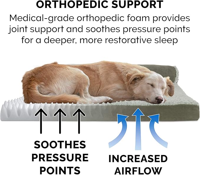 Furhaven Orthopedic Dog Bed for Large Dogs w/ Removable Bolsters & Washable Cover, For Dogs Up to 95 lbs - Two-Tone Plush Faux Fur & Suede L Shaped Chaise - Dark Sage, Jumbo/XL
