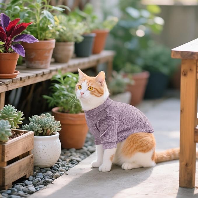 Idepet Sphynx Hairless Cats Sweater Shirt Kitten Soft Puppy Clothes Pullover Cute Cat Pajamas Jumpsuit Cotton Apparel Pet Winter Turtleneck for Cats and Teacup Chihuahua Small Dogs(Purple,XXL)