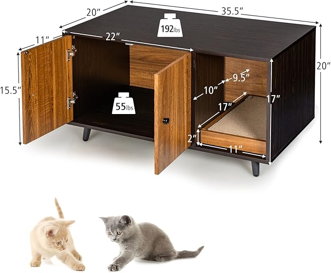 PETSITE Cat Litter Box Enclosure, Wooden Litter Box Cabinet with Divider, Scratching Pad & Metal Legs, Litterbox Enclosure Furniture with Double Doors, Hidden Litter Box, 35.5 x 20 x 20 inch