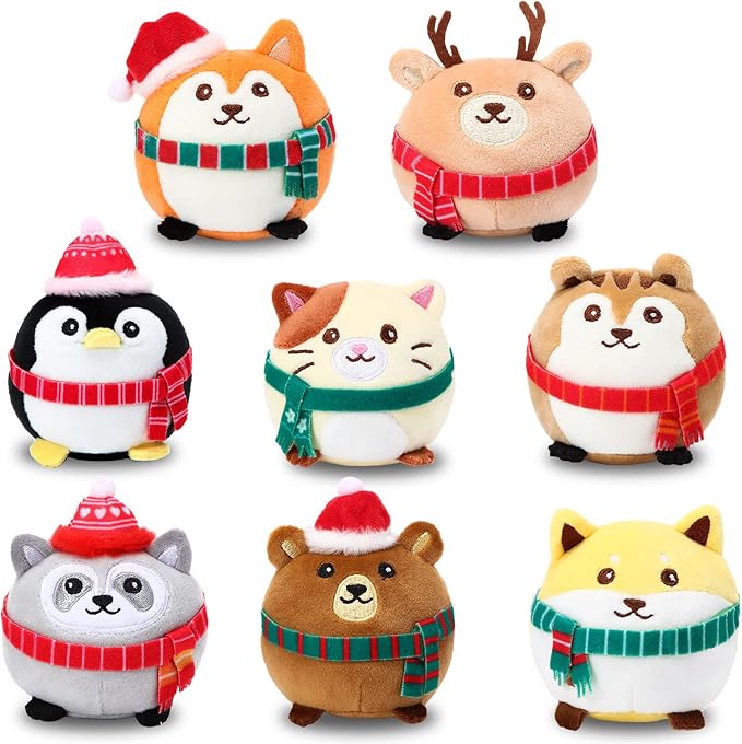 Aoriher 8 Pcs Mini Woodland Animals Plush Toys 3.15 Inch Soft Stuffed Animals Ornaments Bulk Colorful Woodland Keychain for Birthday Baby Shower Party Decors Classroom Prizes(Cap and Scarf)