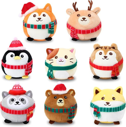 Aoriher 8 Pcs Mini Woodland Animals Plush Toys 3.15 Inch Soft Stuffed Animals Ornaments Bulk Colorful Woodland Keychain for Birthday Baby Shower Party Decors Classroom Prizes(Cap and Scarf)