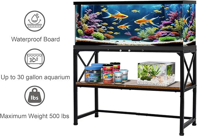 30 Gallon Fish Tank Stand, Aquarium Stand with 2-Tier Storage Shelves, Rustic Brown Metal Frame Turtle Tank,Adjustable Height Design (30 Gallon)