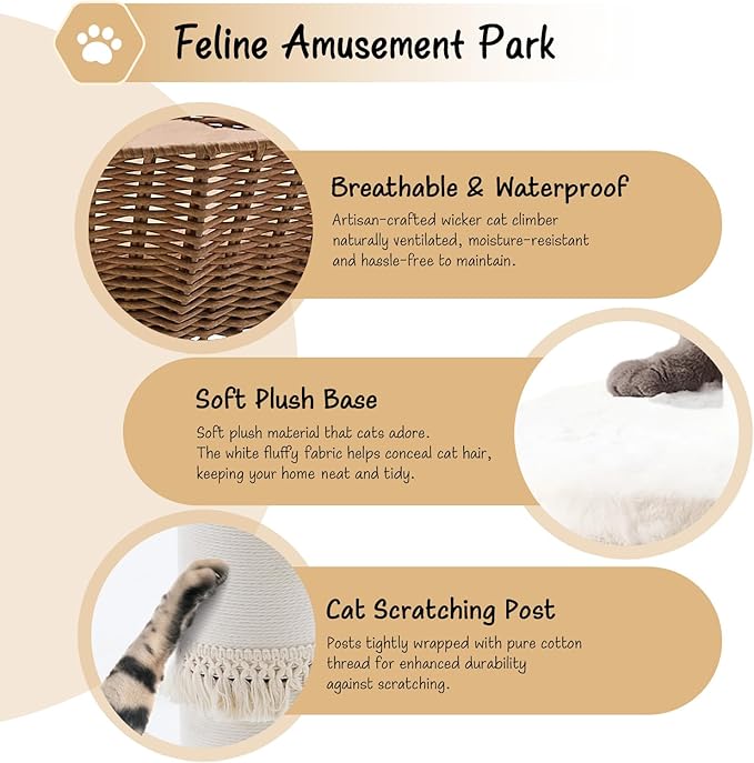Cat Tree Tower, Handwoven Cat Condo with Nest Basket Bed, Cotton Scratching Post, Funny Hanging Toy Ball, 2 Sides Cushion Top Perch, Rattan