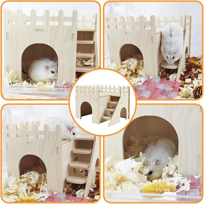 Hamster House - Double-Decker Hut with Slide, Guinea Pig Castle, Small Animal Habitat Decor