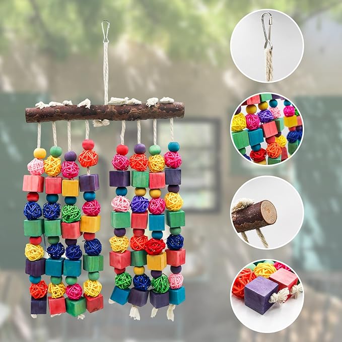 Bird Toys, Natural Bird Toys with Colorful Wooden Blocks, Bird Toys for Parrots, Bird Chew Toys for African Grey, Budgies, Cockatiels, Lovebirds, Conures, Quakers, Amazons, Small to Medium Birds