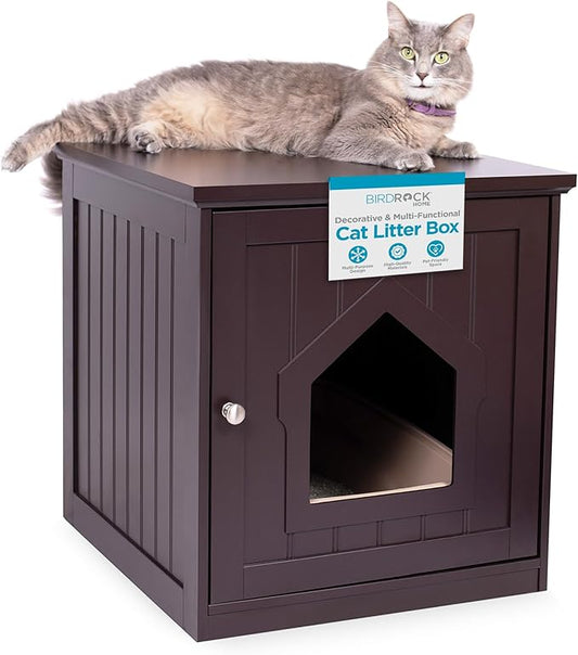 BIRDROCK HOME Cat Litter Box Furniture Enclosure - Hidden Kitty Litter Cat House with Hinged Door, Nightstand, Side Table & Pet Crate, Indoor & Outdoor Wood Cabinet for Small Cats and Dogs - Espresso