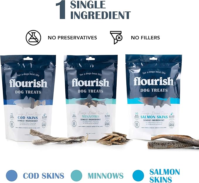 Flourish Pets Freeze Dried Raw Pet Treats for Dogs (Cod, Minnow, and Salmon, Variety Pack)