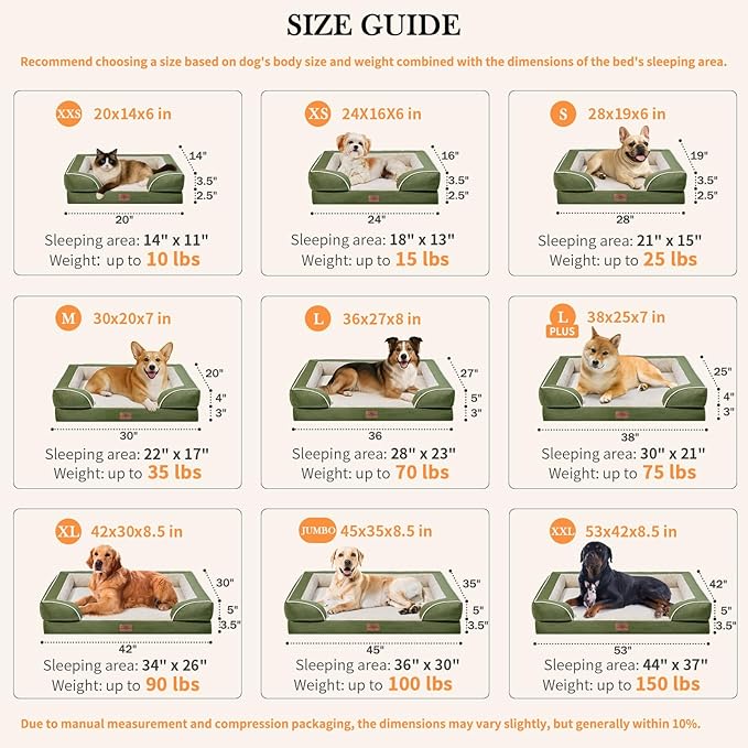 Comfort Expression Orthopedic Bolster Dog Beds Extra Large, XL Dog Beds Waterproof Dogs Beds, Washable Dogs Beds Sofa with Removable Cover & Non-Slip Bottom(X-Large,Light Green)