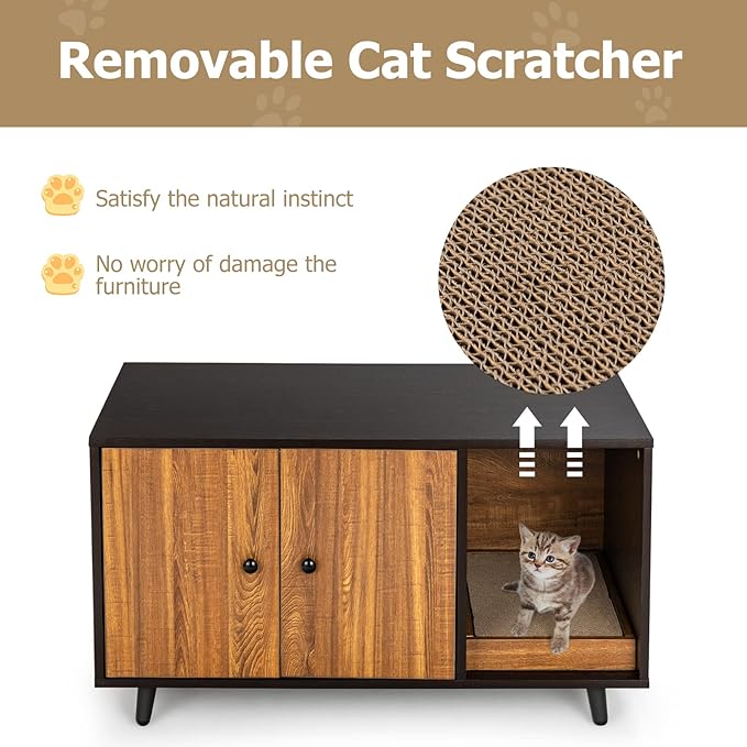 PETSITE Cat Litter Box Enclosure, Wooden Litter Box Cabinet with Divider, Scratching Pad & Metal Legs, Litterbox Enclosure Furniture with Double Doors, Hidden Litter Box, 35.5 x 20 x 20 inch