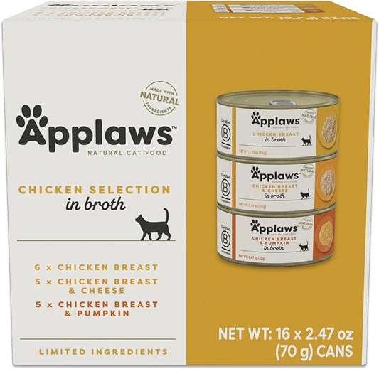 Applaws Natural Wet Canned Cat Food, Made with Limited and Natural Ingredients, Protein with No Artificial Additives, Chicken Selection Variety Pack in Broth (16 x 2.47oz Cans)