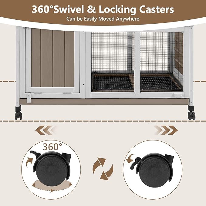 38''L Small Rabbit Hutch Outdoor Indoor with Wheels, Wooden Expandable 2 Story Bunny House Rabbit Cage with Run, Waterproof Roof, Pull Out Tray, Guinea Pig Cage Chicken Coop for Small to Medium Pets