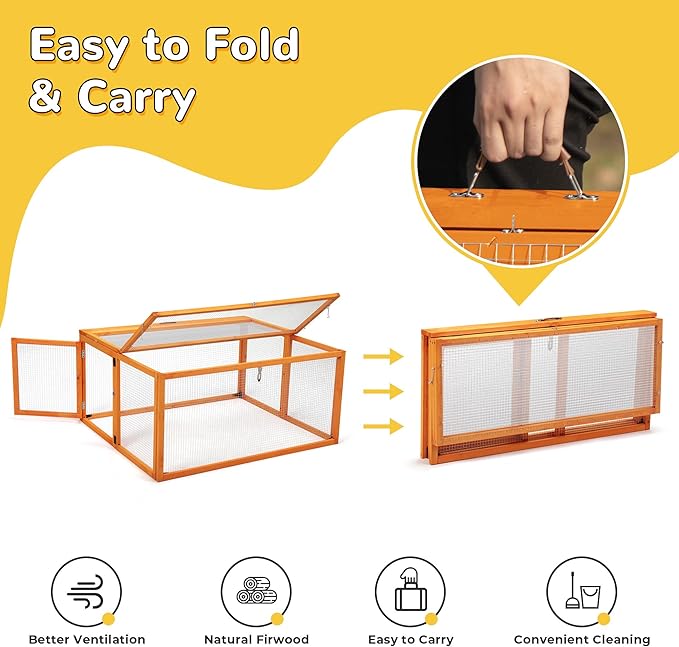 COZIWOW Portable Chicken Coop with UV-Proof Panel, 4X Garden Stakes, Wooden Rabbit Hutch, Chicken Brooder Indoor, Outdoor Folding Chicken Cage, Top & Side Openable Doors, 43.3Inch (Orange)