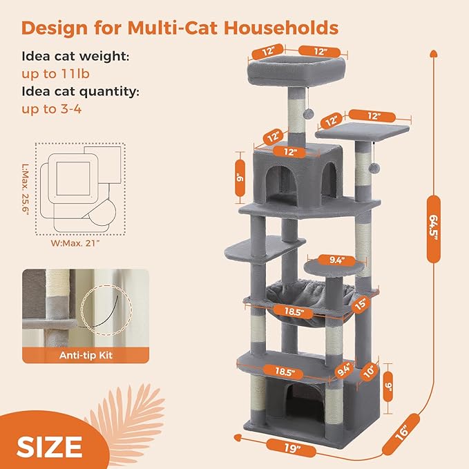 64.5-inch Plush Cat Tree for Indoor Cats with Large Metal Frame Hammock - Multi-Level Cat Tower with 2 Top Perches, 2 Condos, 7 Scratching Posts & Pompoms, Sturdy Pet House Toys, Grey