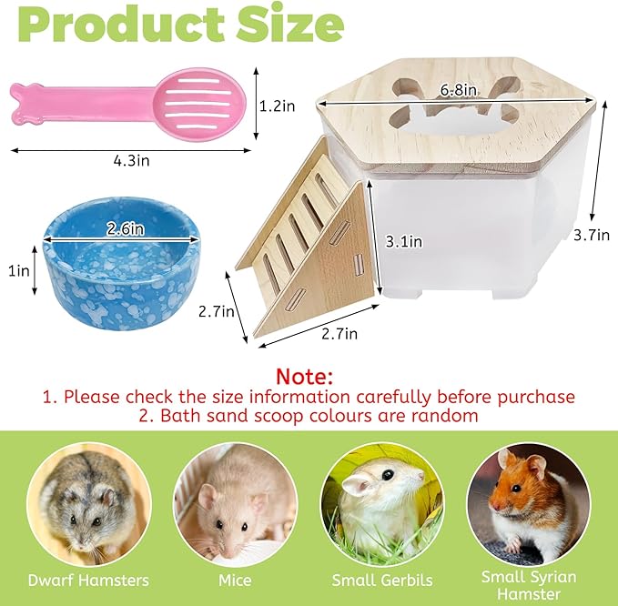 Hamiledyi Hamster Sand Bath Box Transparent Gerbil Digging Sand Container Acrylic Small Dwarf & Syrian Hamster Shower Bathtub with Climbing Ladder Bowl and Scoop Cage Accessories for Lemmings (Bunny)