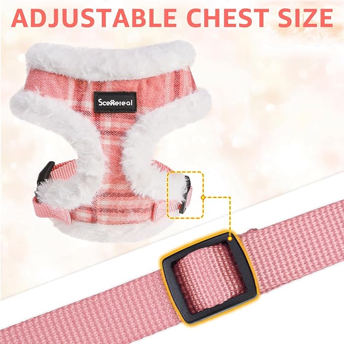 SCENEREAL Dog Harness Collar and Leash Set, Warm Fleece No Pull Puppy Vest Harnesses No Chock Adjustible Step in Small Pet Halter for Outdoor Walking Training, Pink Plaid S