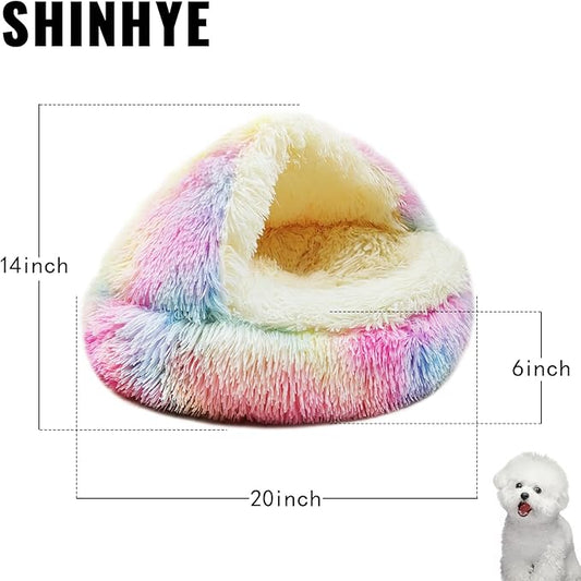 ShinHye Cat Bed Round Plush Fluffy Hooded Cat Bed Cave, Cozy for Indoor Cats or Small Dog beds, Soothing Pet Beds Doughnut Calm Anti-nxiety Dog Bed - Waterproof Bottom Washable (20×20inch, Multicolor)