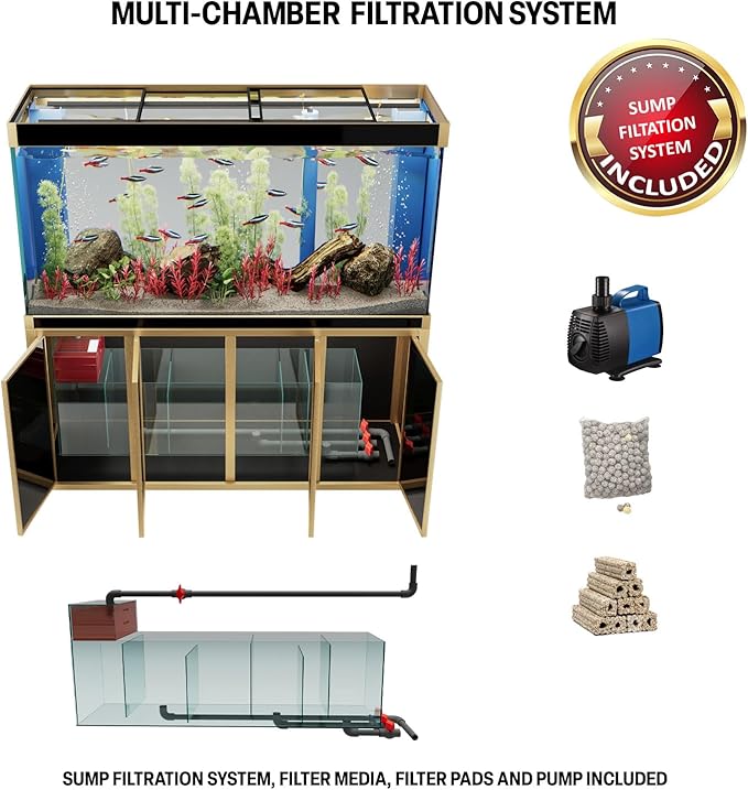 250 Gallon Aquarium Tempered Ultra-Clear Glass with Complete Setup in Black with Gold Trims