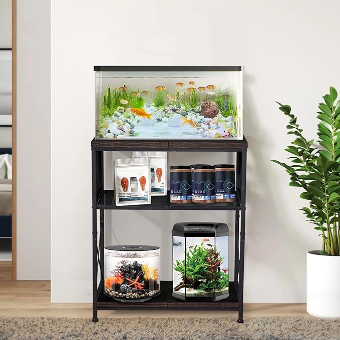 LALA IKAI Fish Tank Stand for 10-20 Gallon Aquariums Heavy Duty Adjustable Height Double Tier Steel Structure Sturdy Design Reptile Cage or Tank Storage Cabinet, Black