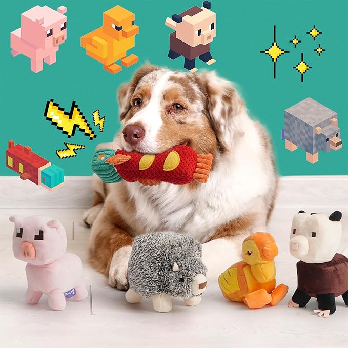 5 PC Small Medium Dog Toys, Cute Soft Squeaky Crinkle Plush Stuffed Durable Plush Dog Chew Toy to Keep Them Busy Cognitive Stimuting Puppy Toys for Boredom, Square Pixel World Style