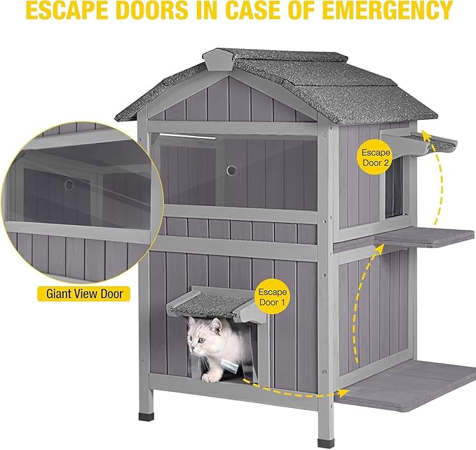 Aivituvin Outdoor Cat House Insulated Two Story Feral Cat Shelter Weatherproof Cat Enclosure for Winter with Escape Doors
