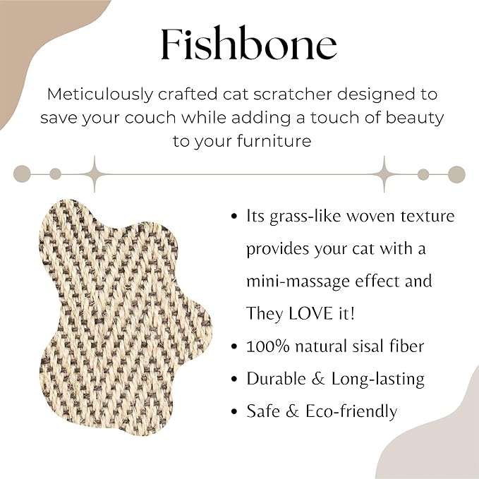 Boho Sisal Cat Scratcher Mat with Hook and Loop Strips (Scratch Protector for Carpet, Sofa, Wall and Furniture), Durable and Shedding-Resistant Surface (Mini 2-Pack, Fishbone)