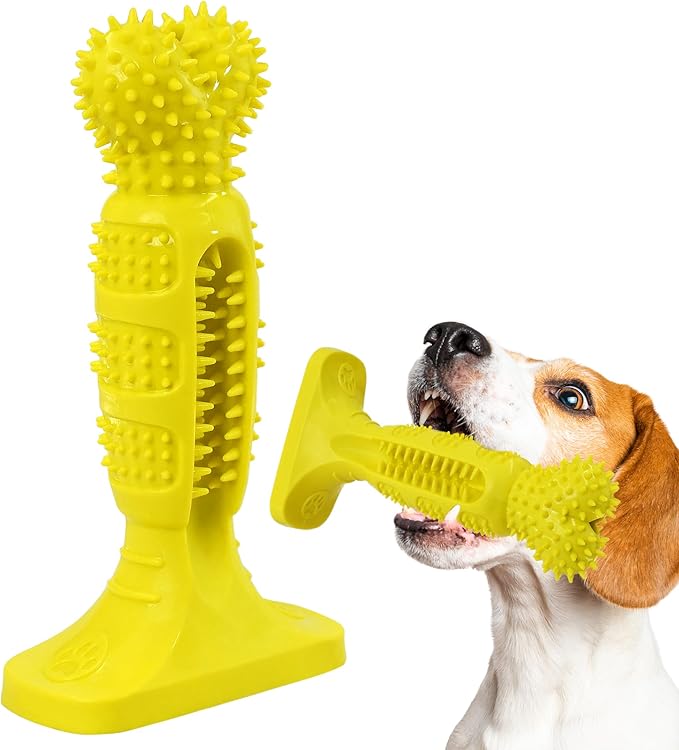 Dog Chew Toy for Teeth Cleaning, Natural Rubber Toothbrush Stick with 360° Bristles, Durable Dog Toys for Aggressive Chewers, Interactive Dental Toy for Medium and Large Dogs (Yellow)