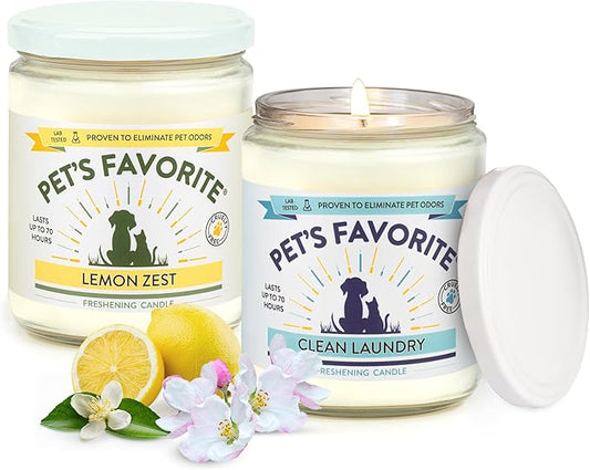 Pet's Favorite Pet Odor Candle, Clean Burning, Long Lasting Scented Candles with a Cotton Wick. (Clean Laundry/Lemon Zest, Pack of 2)