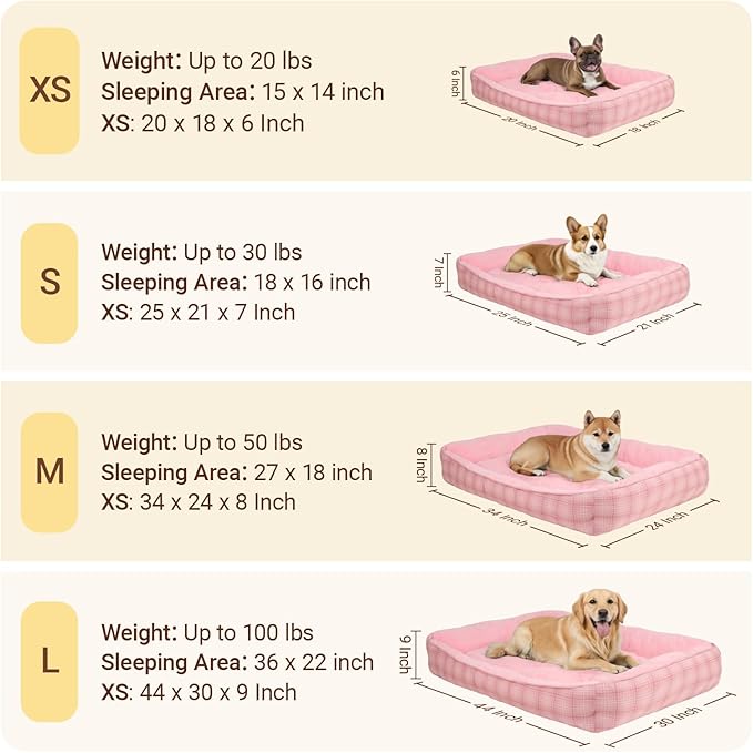 MIHIKK Rectangle Dog Beds for Small Dogs & Cats, Orthopedic Sleeping Pet Bed for Couch with Durable Puppy Cuddler and Anti-Slip Bottom Machine Washable 20 * 18 Inch (Pink)